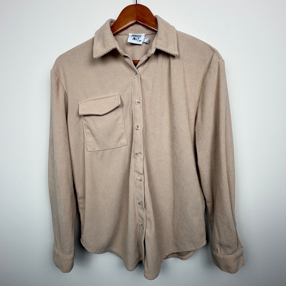 Princess‎ Polly Button Down Shirt Womens Size 2 Beige Ribbed Shacket